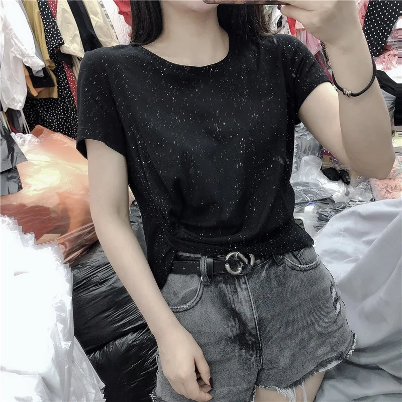 

W1528 -2021 summer new Korean short bottoming shirt net red slim slimming solid color short-sleeved T-shirt female