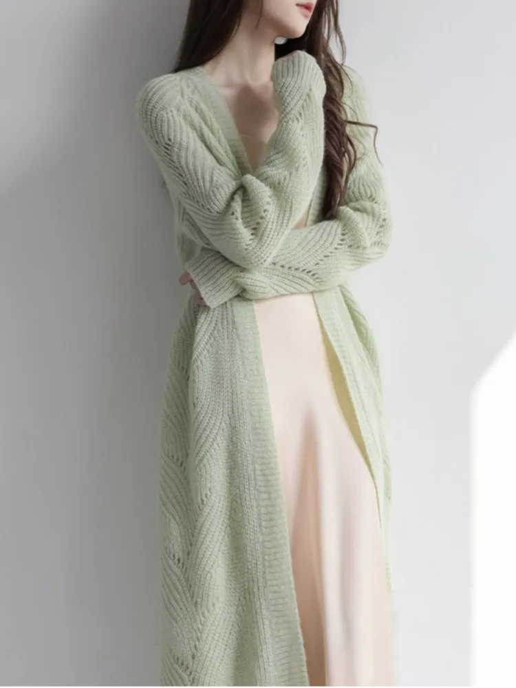 

Женский длинный вязаный кардиган, Элегантный Повседневный свитер с длинным рукавом, ажурное пальто в Корейском стиле, верхняя одежда для ве...