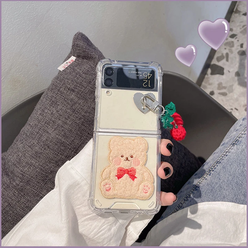 

Fashion Cute Cherry Pendant Plush Bear Sticker Phone Case For Samsung Galaxy Z Flip 4G 4 3 Flip3 Flip4 5G Clear Shockproof Cover