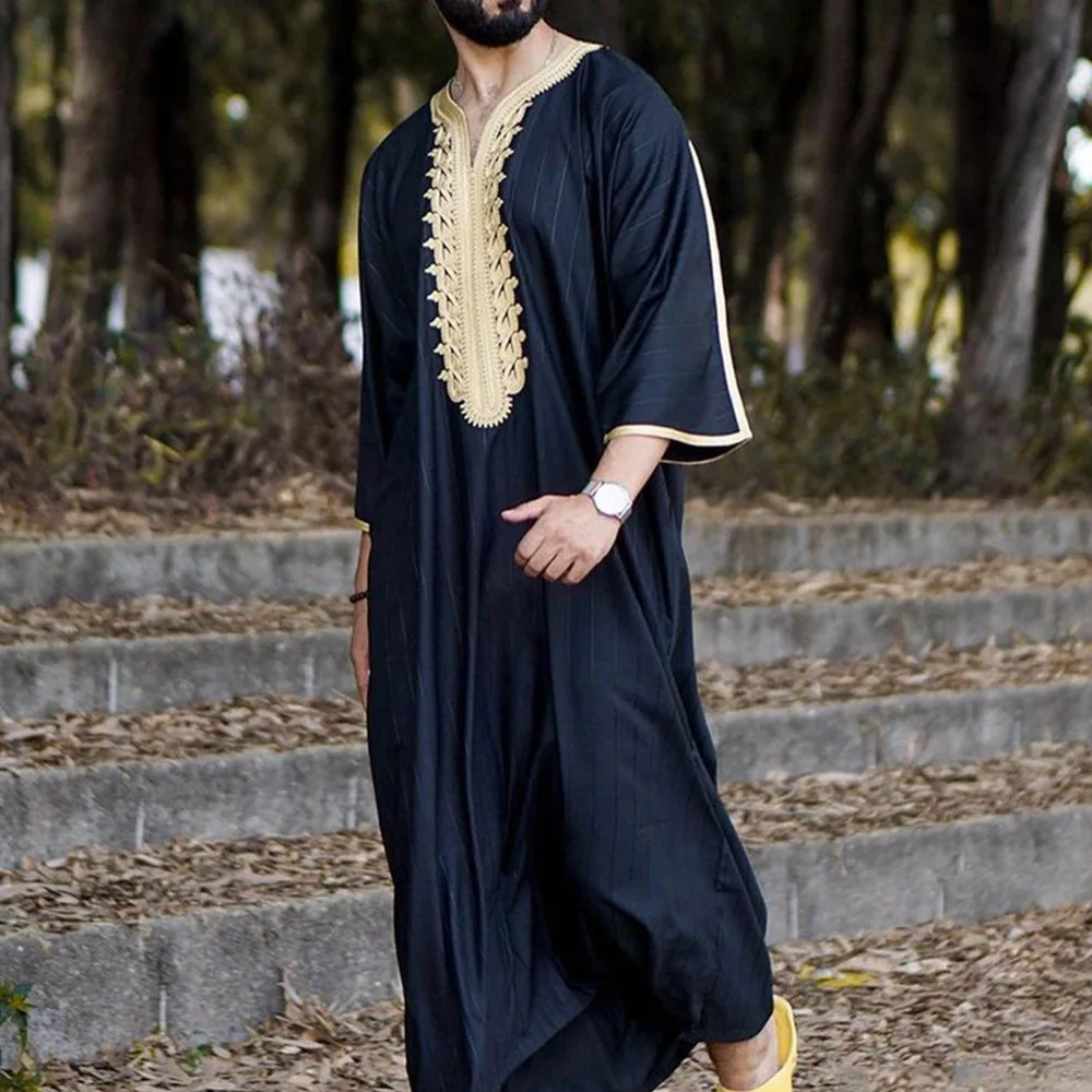 2022 New Navy Blue National Style Men's Long Shirt Black Muslim Robes Arabic Islamic Muslim Men Clothing De Moda Musulmana