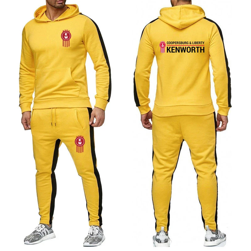 

2023 Spring Autumn New Kenworth Logo Print Custom Made Warm Spliced Men Pullover Hoodie + Pants Pocket Casual Man Sportswear Set