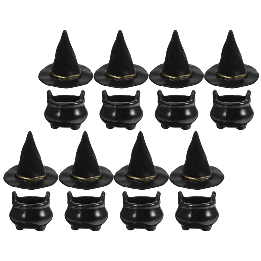 

10 Sets Halloween Witch Hat Decor Tiny Small Hats Crafts Plastic Miniature Cauldron Kettle Witch's