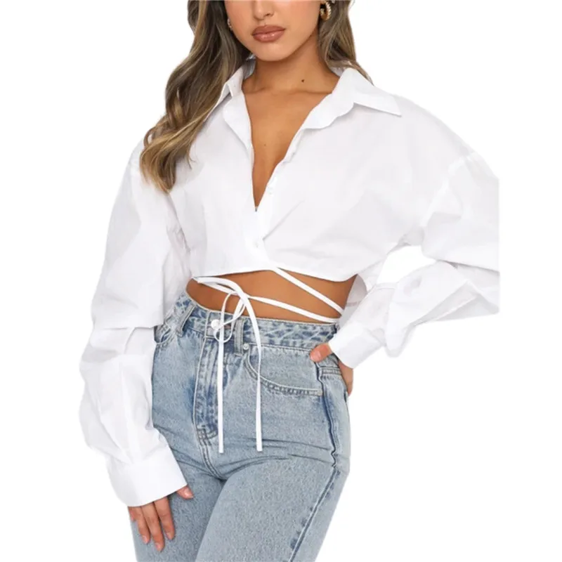 

Women’s Casual Long Sleeve Shirt Solid Color Lapel Tie-up Exposed Navel Button Cardigan Tops Female Spring Autumn Base Shirts