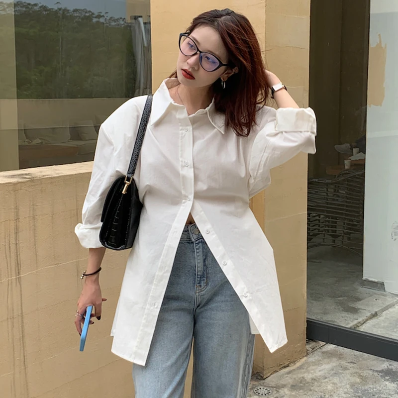 

SuperAen корейский шик весенний стиль с отворотом на плече новый дизайн рубашка с длинными рукавами однотонные офисные женские повседневные ру...