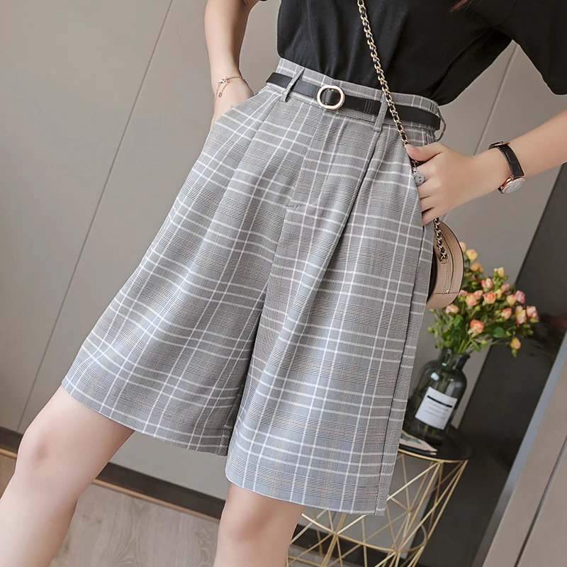 Women Summer Elegant All-match Loose Straight Shorts with Belt Female High Waist Vintage Plaid Wide Leg Suits Shorts Office Lady