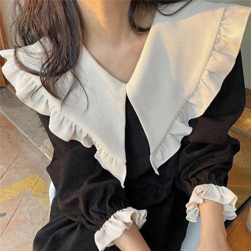 

Осеннее платье в японском стиле Харадзюку женское ретро платье с воротником с лацканами французское милое длинное платье свободное повсед...