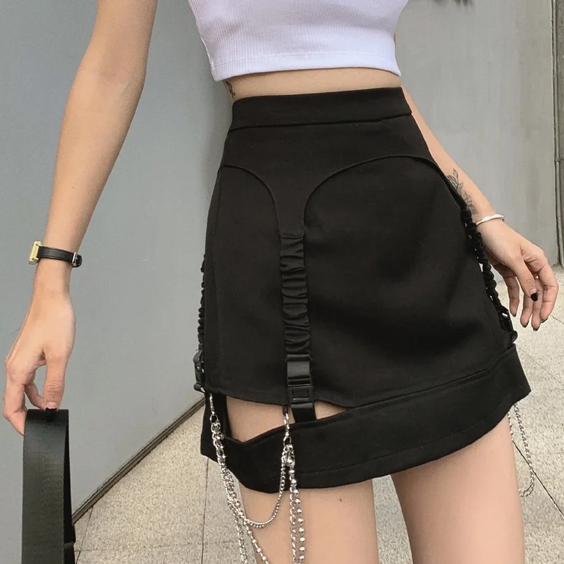 

Женская мини-юбка с завышенной талией, черная облегающая юбка-карандаш в готическом стиле с цепочкой, лето