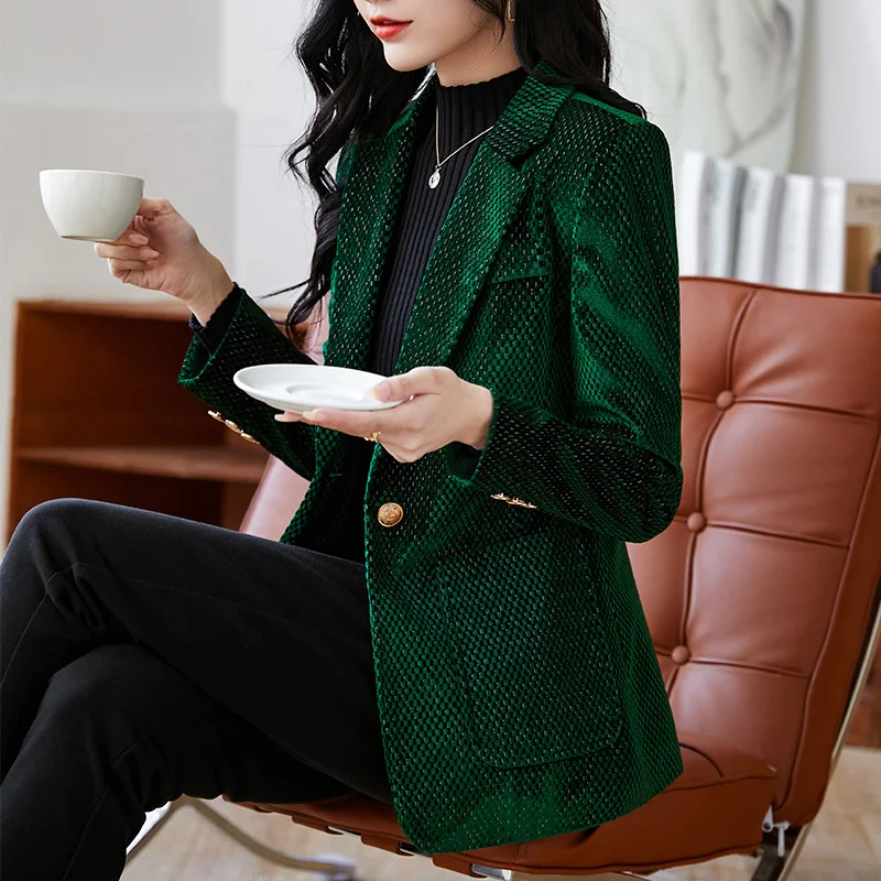 2022  Autumn Winter Ladies Professional Office Lapel Suit Jacket Casual Women Work Loose Corduroy Green Coat  Blazer
