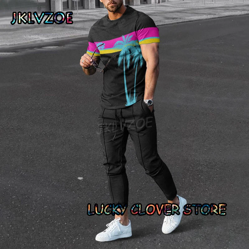 Summer Men Short Sleeve+Trousers 2 Piece Tracksuit 3D Print Tshirt Long Pants Sets Man Sportswear Suit Casual Stripe Clothes