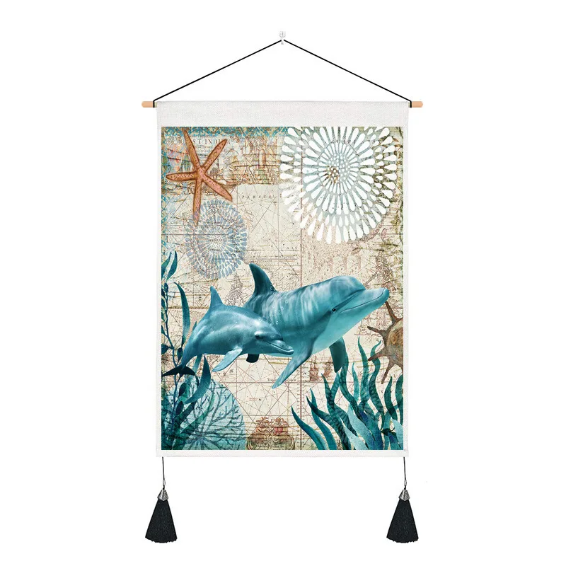 

Marine Life Tassel Tapestry Nordic Finished Art Living Room Wall Decor Rectangular Polyester Material Background Hanging Cloth