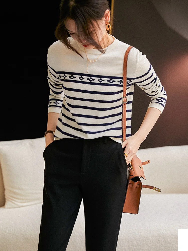 

TuangBiang Autumn 2022 Blue Striped Women Cotton Pullover O-Neck Ladies Elegant Sweater Elasticity Winter Patchwork Knitting Top