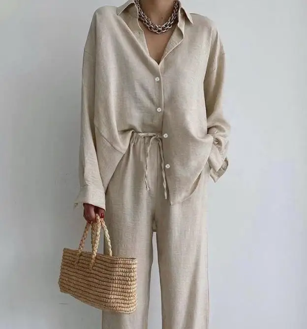 

Summer Outfits for Women 2023 Two Pieces Set Summer New Casual Fashion Style Commuter Wrinkled Loose Shirt Wide Leg Pants Set