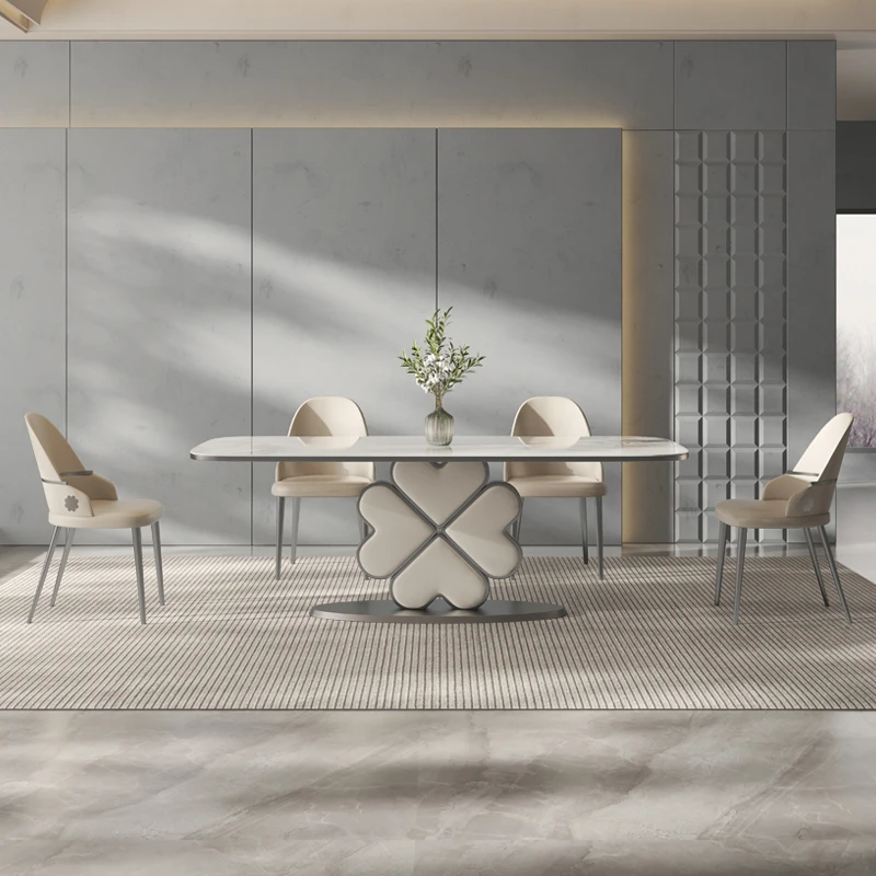 

High end imported rock plate dining table and chair natural marble Italian simple rock plate dining table and chair combination