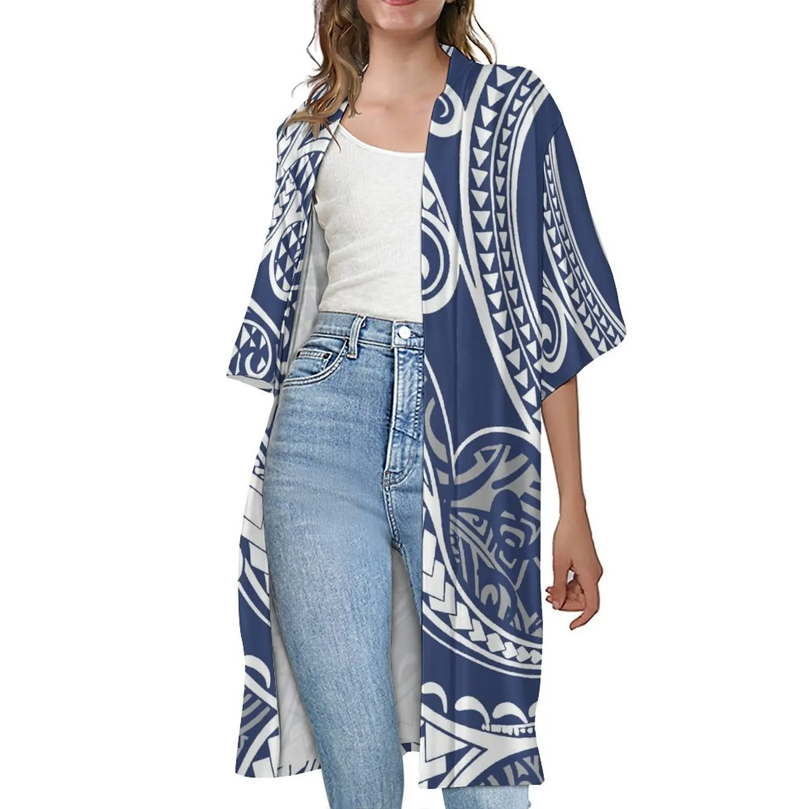 Летний женский кардиган с короткими рукавами и цветком гибискуса синее