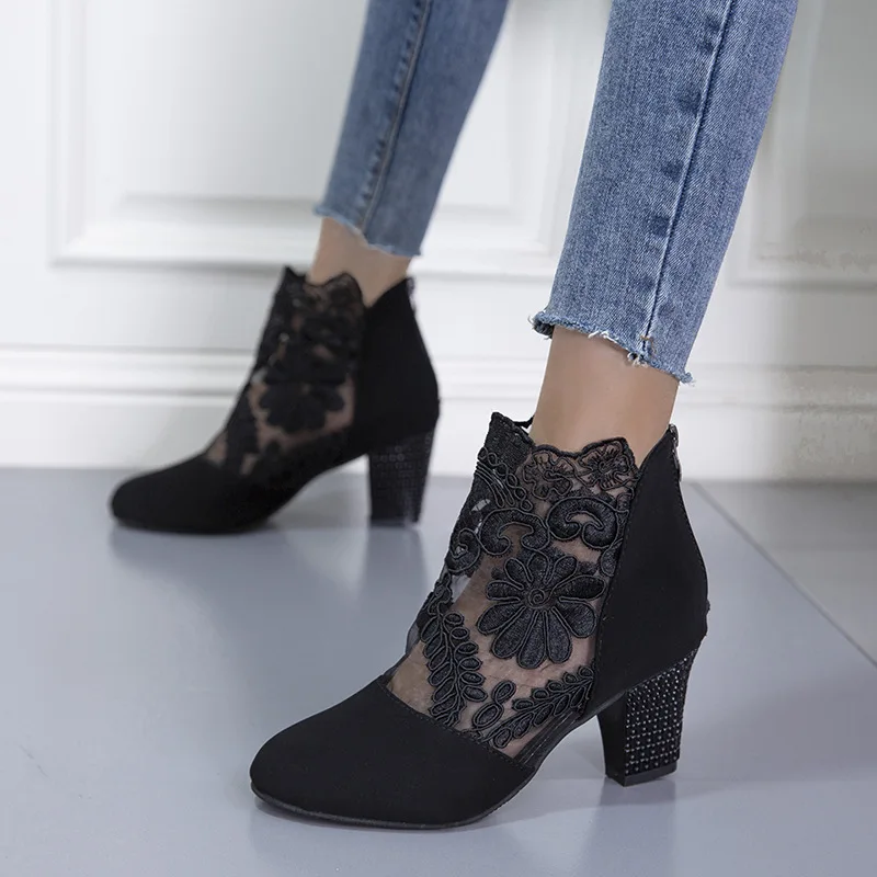 

Lace Mesh High Heel Sandals Boots Women's Fashion Round Toe Thick Heel Roman Sandals Suede Casual Ladies Shoes Black Short Boots