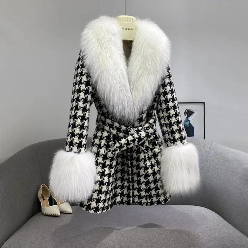 Fashion High-End Fur Coat Women 2022 Winter Imitation Silver Fox Fur Collar Medium Long Thousand Bird Check Temperament Coats