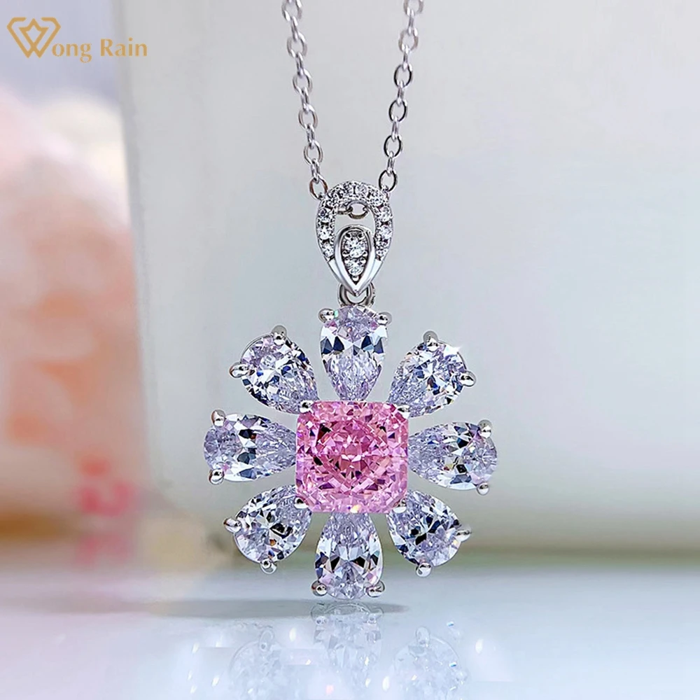 

Wong Rain Romantic 100% 925 Sterling Silver Flowers 4CT Created Moissanite Gemstone Pendant Necklace For Women Fine Jewelry Gift