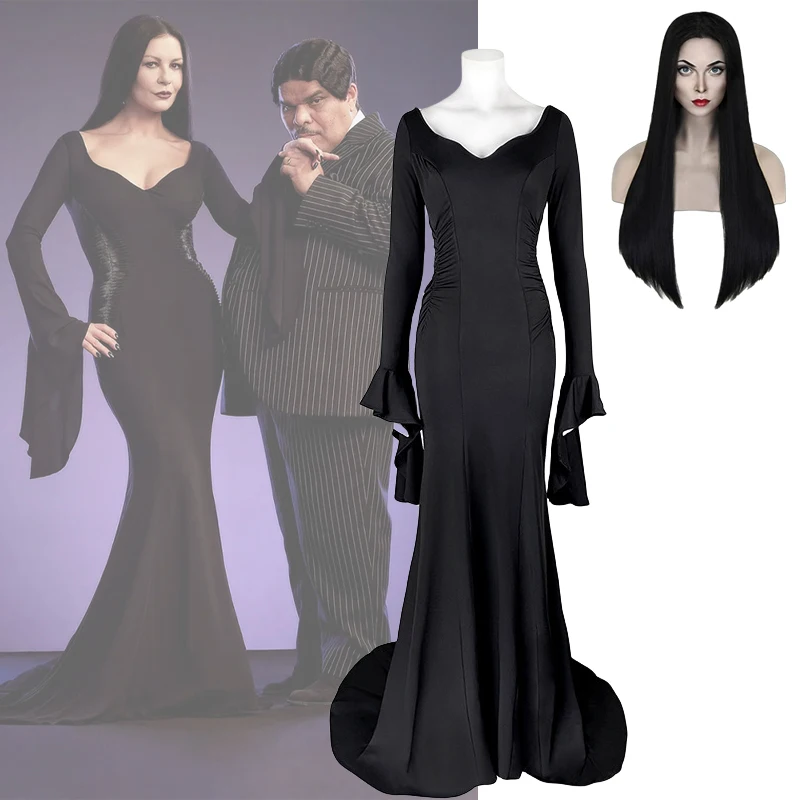

ТВ-среду, костюм для косплея, костюм для косплея Morticia, тонкое платье, черный длинный прямой парик, наряд на Хэллоуин, женский костюм