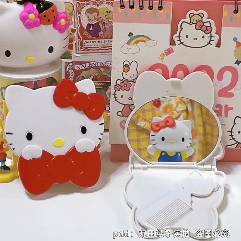 

Новое зеркало для макияжа Hellokittys, мини портативный складной с расческой, зеркало для девочки, милые котята, галстук-бабочка, игрушка для дево...