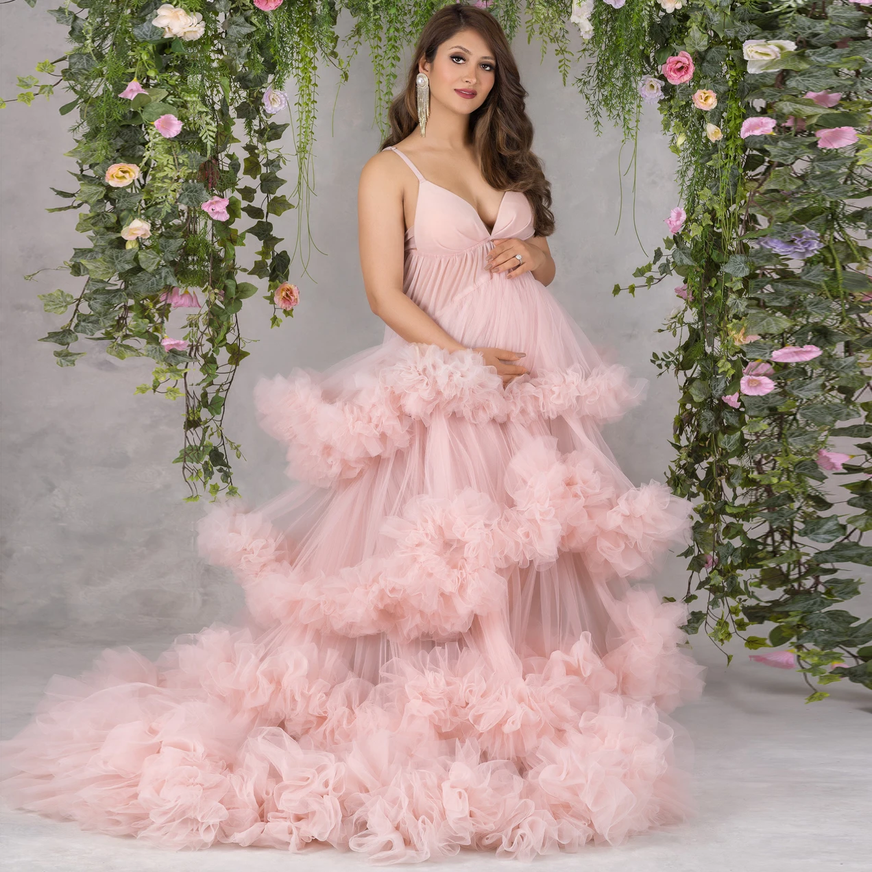 

Light Pink Long Tulle Women Maternity Dresses Photography Ruffled Tutu V Neck Robe Gowns Baby Shower Dress