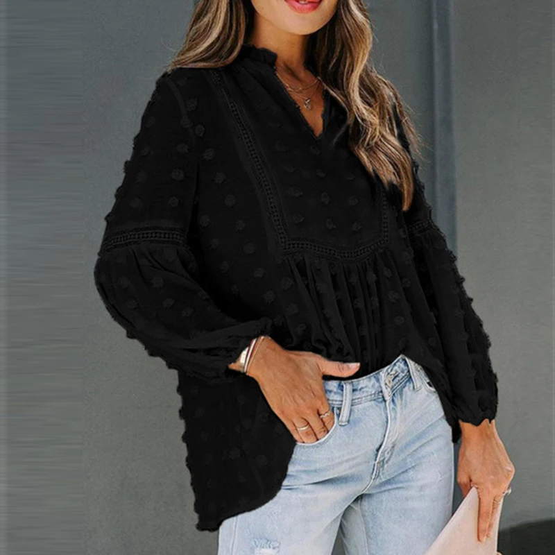 Женская шифоновая блузка в горошек с V-образным вырезом и пышными рукавами