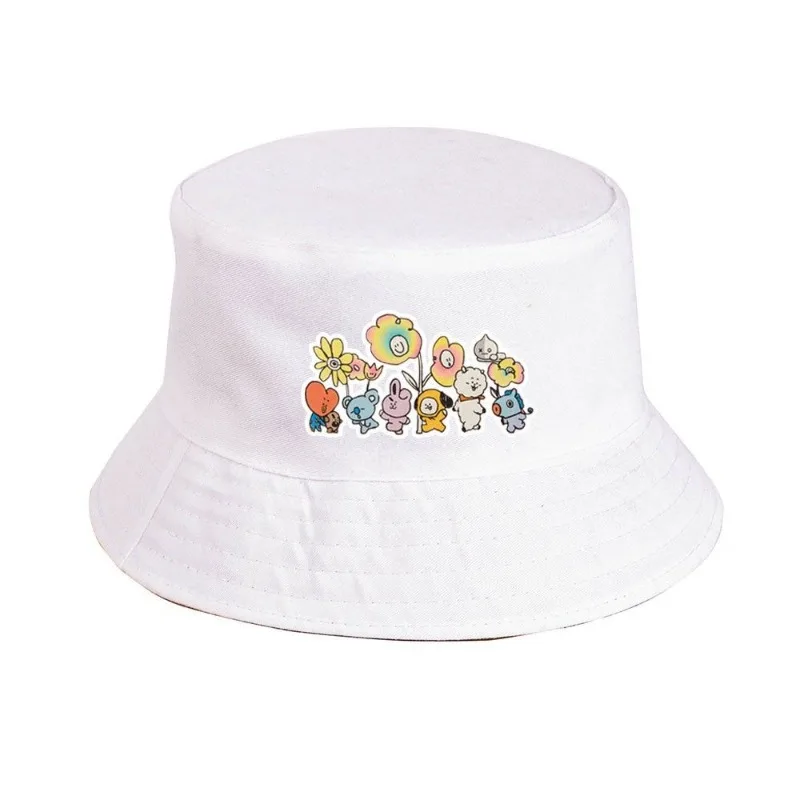 Фото Новая корейская милая мультяшная кепка BT21 из холщовой ткани для родителей и детей, летняя рыбацкая шляпа, универсальная защита от солнца и УФ-излучения №3