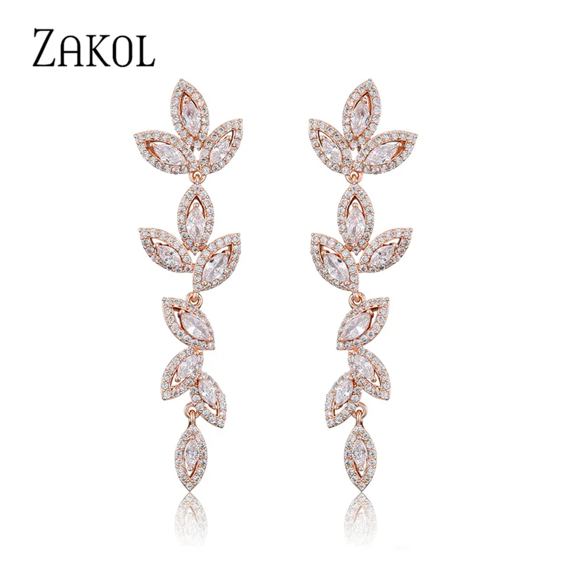 

ZAKOL Fashion Poland CZ Leaf Wedding Jewelry Marquise AAA Cubic Zirconia Long Dangle Bridal Earrings for Elegant Women P5029