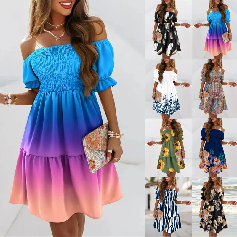 

2022 European and American New Dress Fashion Short Sleeves One Word Neck Waist Pleated Print Dress Women White Dress Women