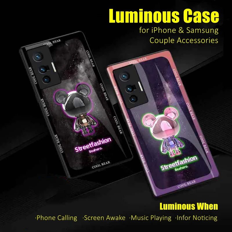 

Модный светящийся чехол с медведем для iPhone 11, 12, 13 Pro Max, Samsung S21, S22, Note 10, 20 Plus, ультраключающие аксессуары для крутой пары
