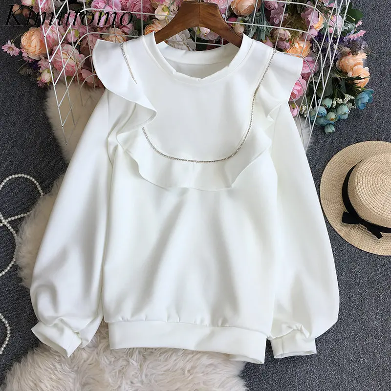 

Kimutomo Elegant Loose Solid Ruffles Stitching hollow out Sweatshirt Woman Gentle O-neck Lantern Sleeve Versatile Shirt Ins Tide