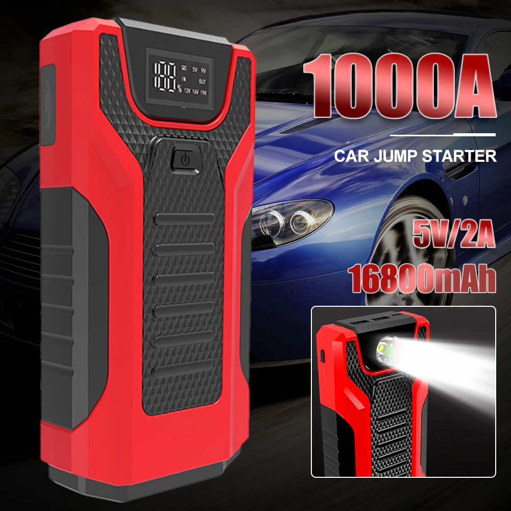 

16800mAh Car Battery Jump Starter Portable 1000A Peak with Dual USB Emergency Flashlight for 12V 6.0L Gasoline 12V 4.0L Diesel