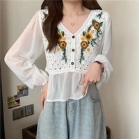 women blouse knit v neck loose shirt embroidered long sleeve shirt lace top women blusas mujer de moda 2022