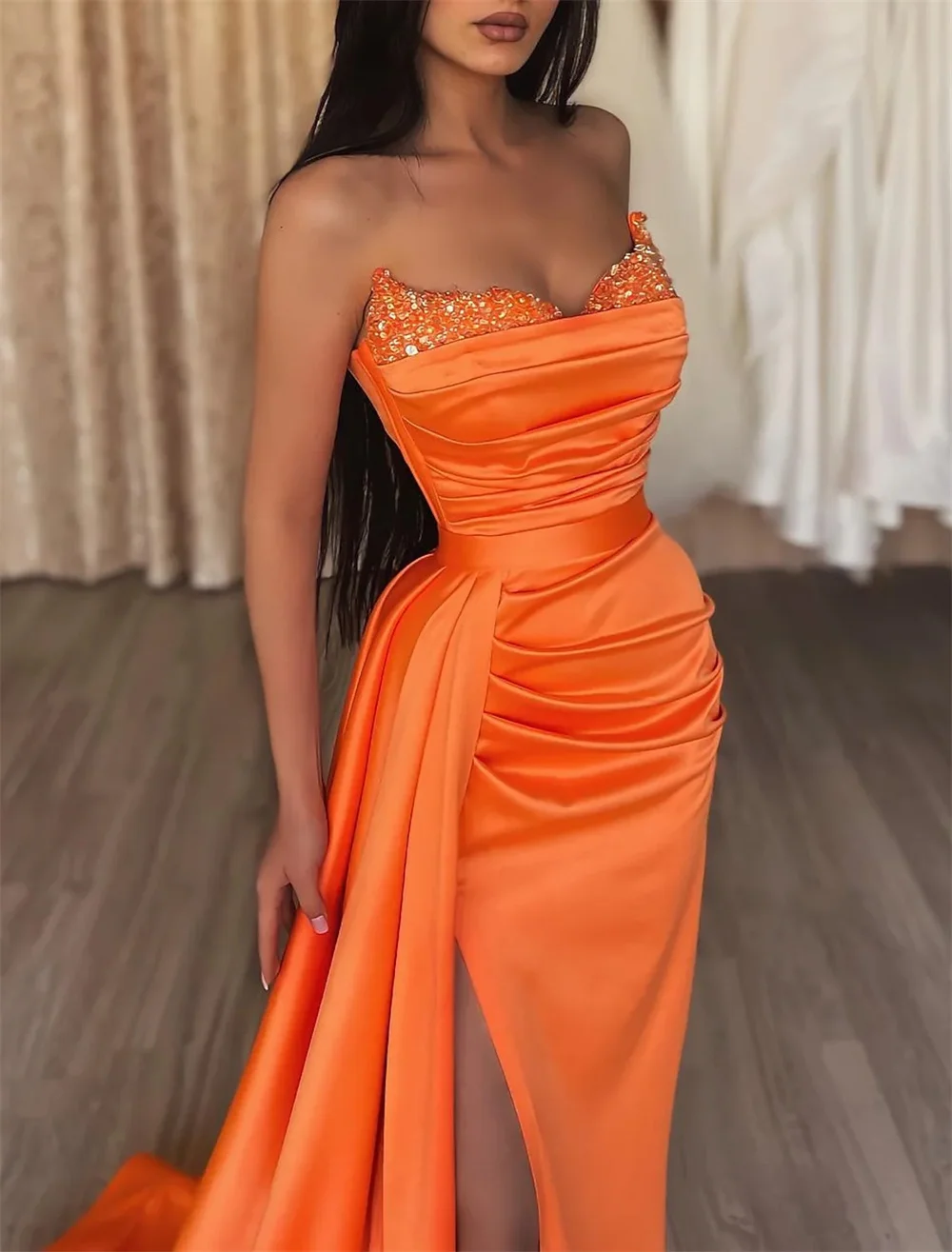 

Strapless Satin Sequins Side Seam High Slit Floor Length Vented Evening Dresses Woman