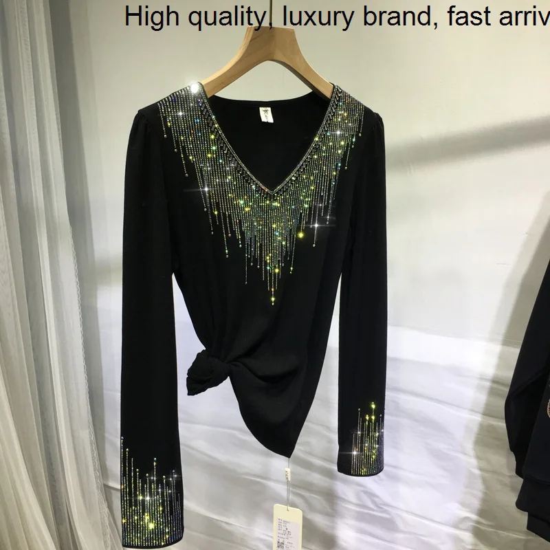 

Drilling Blingbling Hot V-neck Pullovers Knitted Top for Women All-match Long Sleeve Slim Autumn Winter Cotton Basic T-shirt