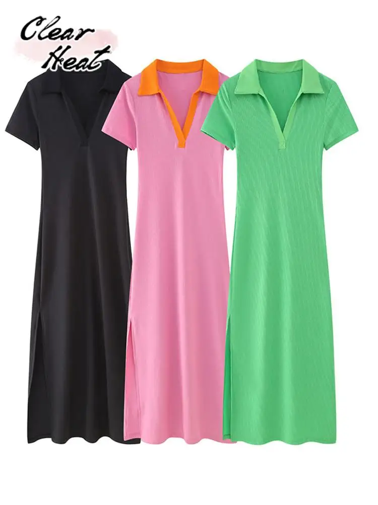 

Женское платье-рубашка средней длины, с V-образным вырезом и коротким рукавом