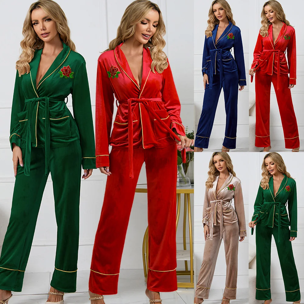 

2022 Korean Velvet Rose Embroidery gold border pocket homewear suit jacket trousers pajamas women