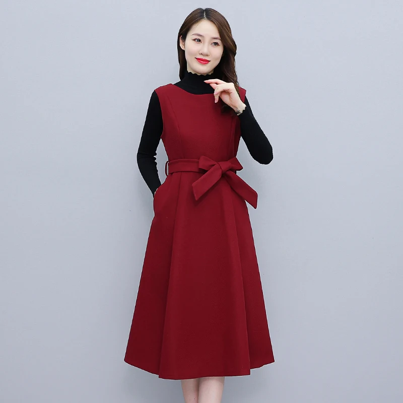 

2022 New Woolen Vest Dress Sets Autumn Winter Long Sleeved Belt Black Wine Red Large Size Loose Womens Clothing