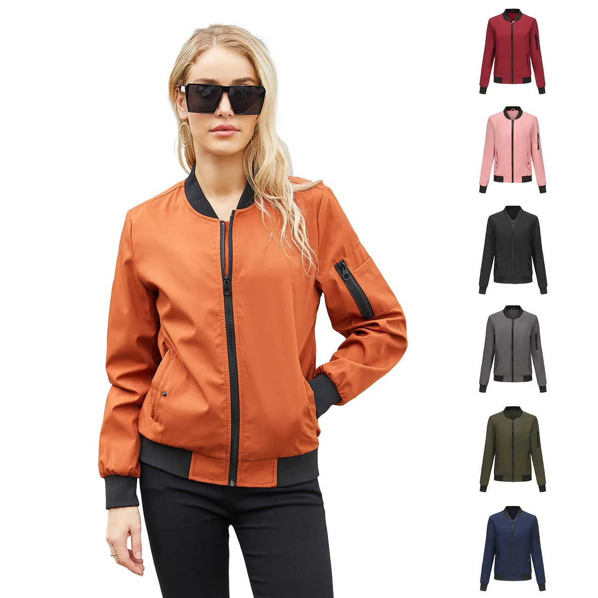 

Thin Section Female Flight Jacket Spring and Autumn Casual Long Sleeved Stand Up Collar Coat Loose Baseball Suit