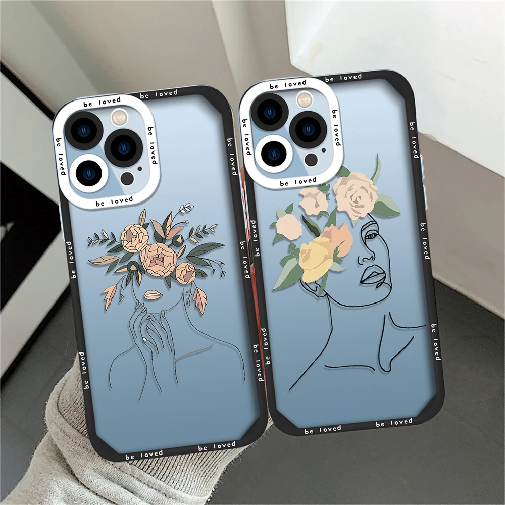 

Abstract Line Art Girl Face Case for iPhone 14 13 11 12 Pro Max Mini XS XR X 7 8 Plus Shockproof Silicone Back Cover Clear Coque
