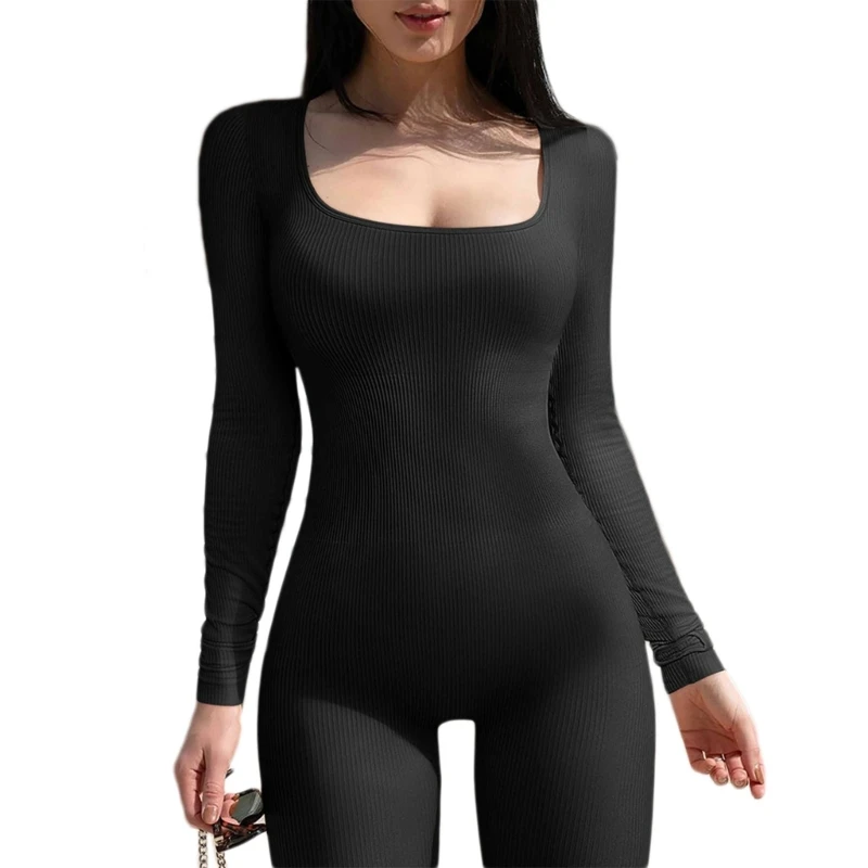 

Womens Ribbed One Piece Jumpsuits Thumbhole Long Sleeve Square Neck Full Length Workout Rompers Bodycon Solid Playsuit