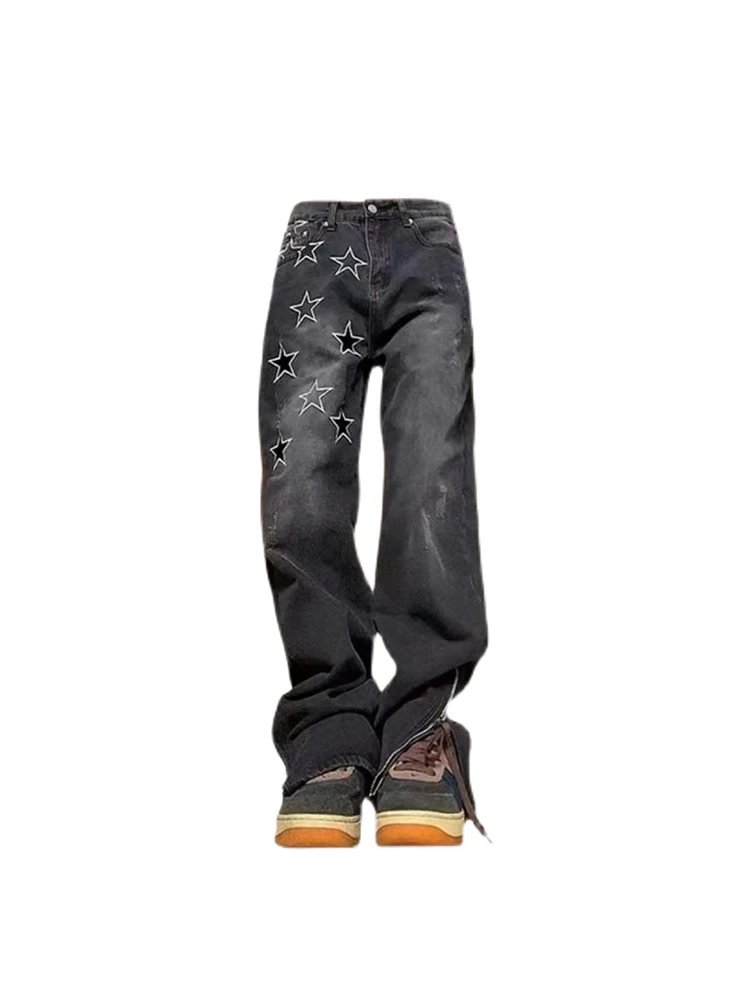 

Женские джинсы со звездами, готические черные мешковатые джинсы в стиле Харадзюку, винтажные повседневные Прямые джинсовые брюки на молнии с широкими штанинами, Y2k, на лето