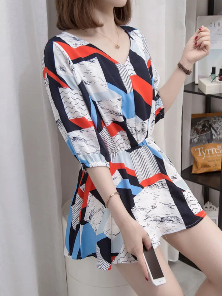 

Oversized V-neck Chiffon Blouses Women Summer Fashion Colorblock Half Sleeve Shirts Korean Style Loose Misetas Mujer Tops L-4XL