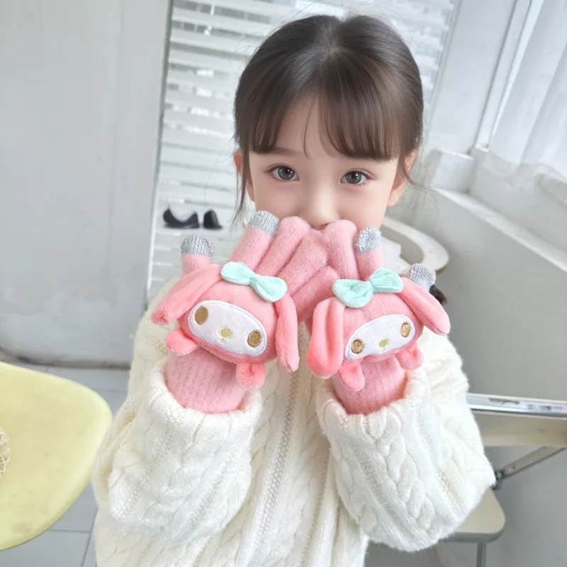 

Anime Sanrio My Melody Kuromi Kawaii Kids Gloves Knitted Winter Girls Boy Pochacco Stuffed Five Finger Adult Student Christmas