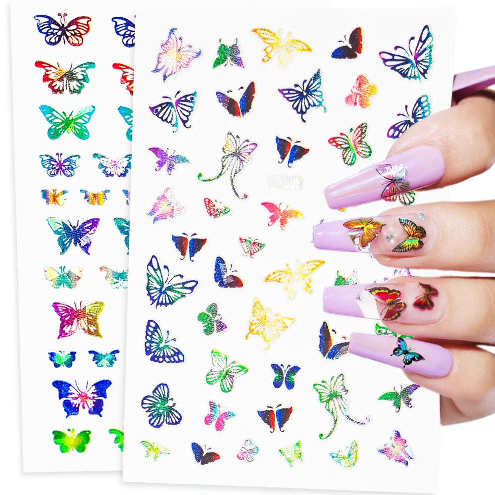 

16Sheets Iridescent 3D Butterfly Nail Art Stickers Self Adhesive Nail Sliders Colorful DIY Gold/Sliver Manicure Decal Foils Tips