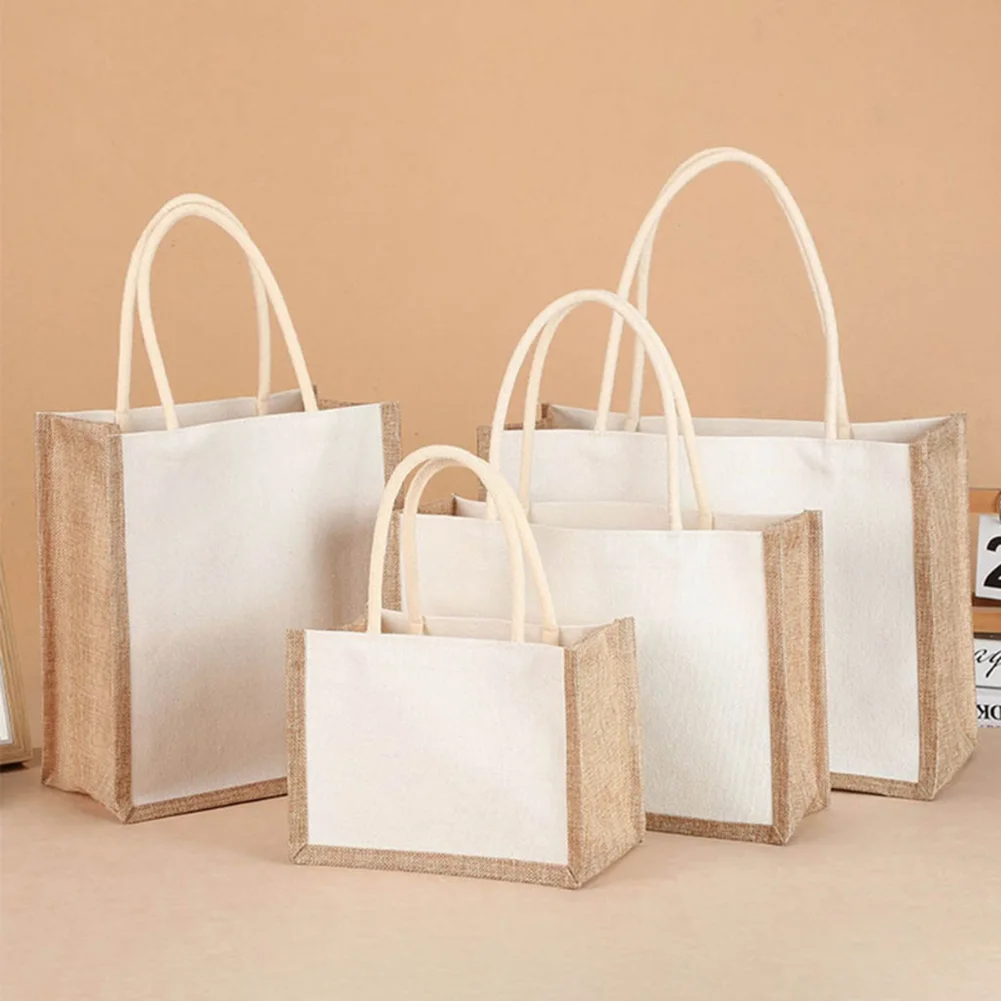 Reusable Burlap Jute Tote Shopping Bag for Grocery Wedding B