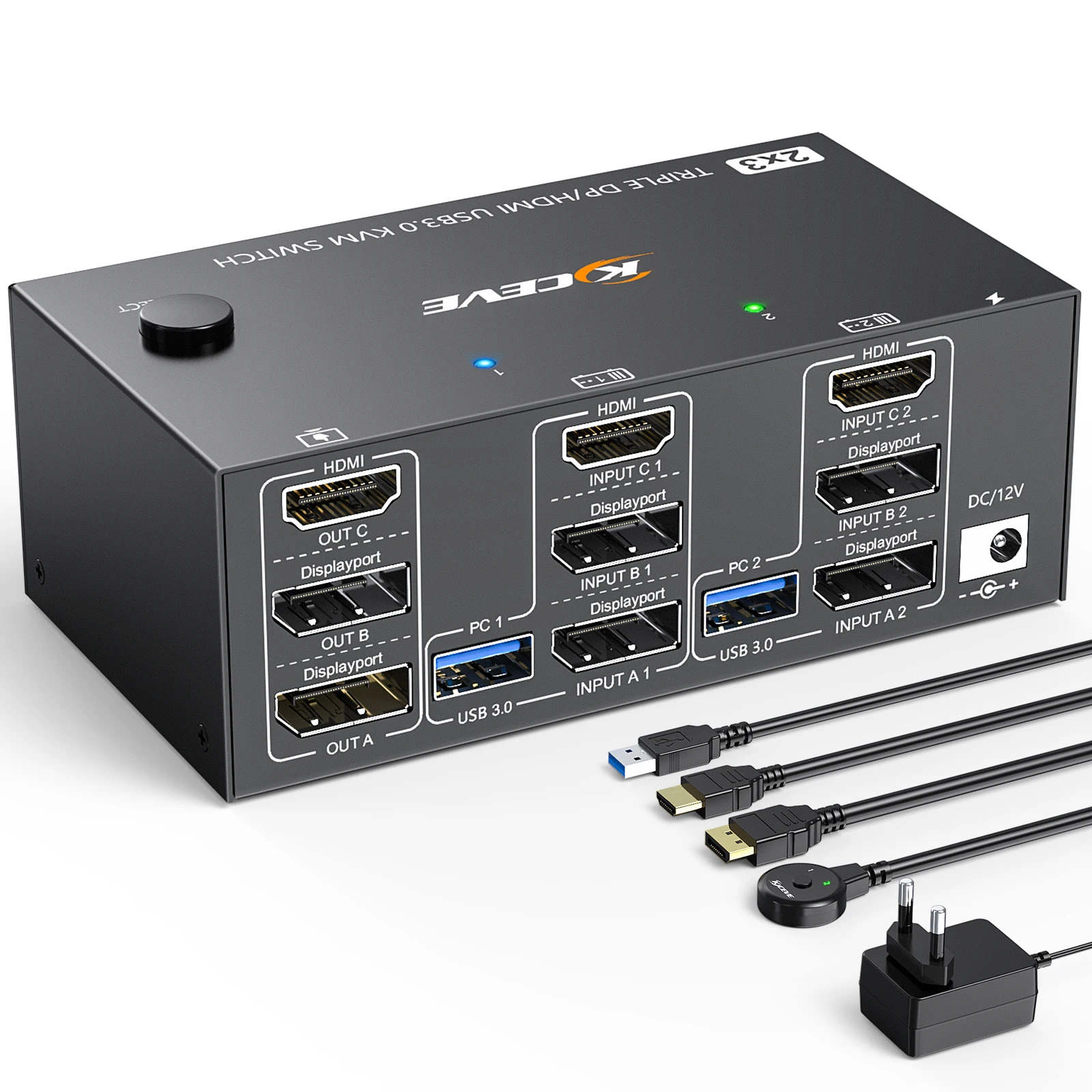 KVM-переключатель 4 монитора 2 компьютера KCEVE USB 3.0 HDMI + DisplayPort 8K при 30 Гц/4k 144 Гц для