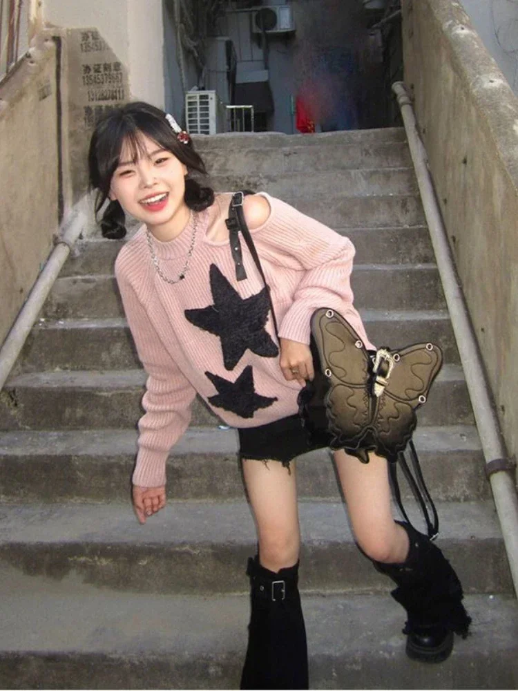 Y2K Эстетический розовый свитер в стиле Харадзюку для женщин Kpop гранж-звезда