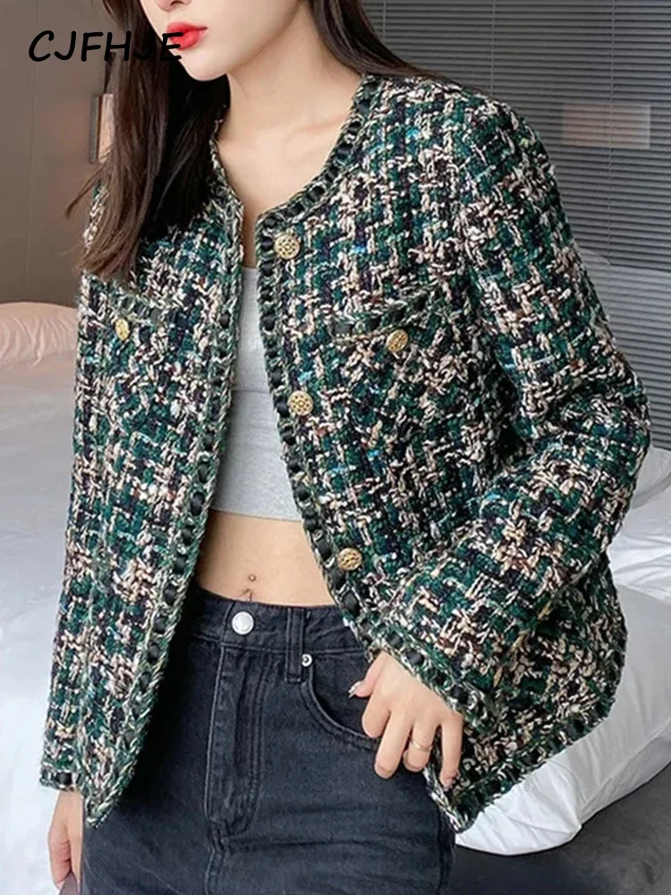 CJFHJE Зимний твидовый костюм в стиле Харадзюку женский зеленый клетчатый пиджак с