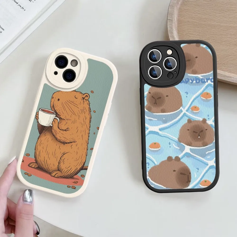 Жесткий кожаный чехол для телефона с рисунком капибары IPhone 16 15 14 13 12 Mini 11 Pro Max Xs X Xr 7