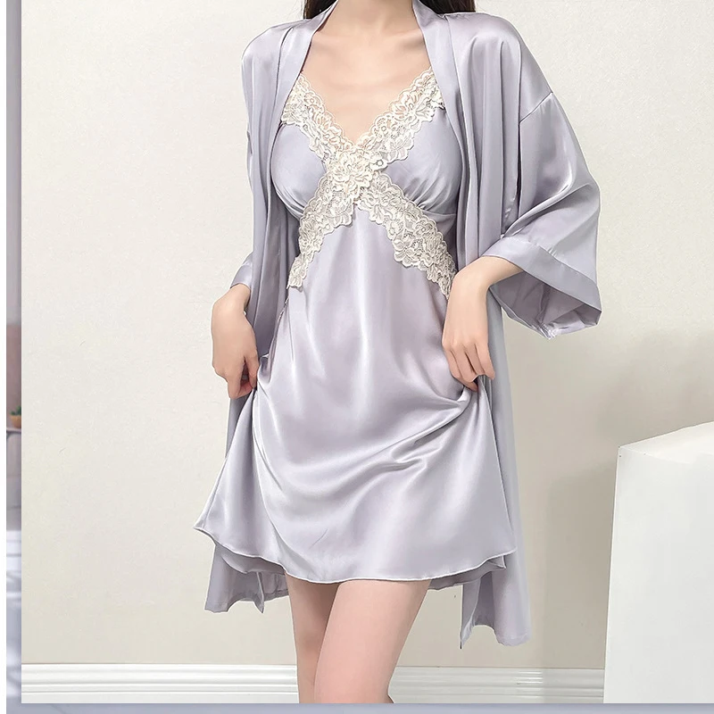 

Patchwork Lace Suspender Nightgown Sexy Female Nighty&Robe Set Nightdress Loose Bathrobe Lingerie Spring Summer Satin Sleepwear